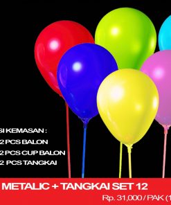 BALON 12" METALIC + TANGKAI SET 12
