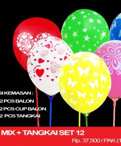 BALON 12" MIX + TANGKAI SET 12
